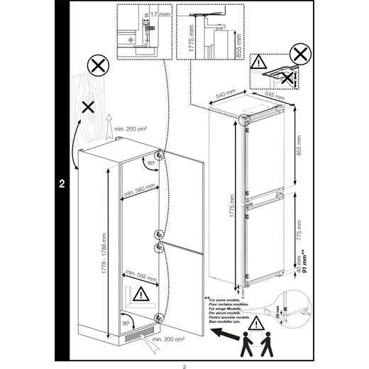 Beko Integrated 50/50 Fridge Freezer with Sliding Door Fixing Kit - White - Annotation - Dimension shot